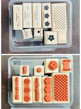 Stampin Up Three For You 9pc Wood Rubber Stamp Set 2007 Flowers Dots Friend